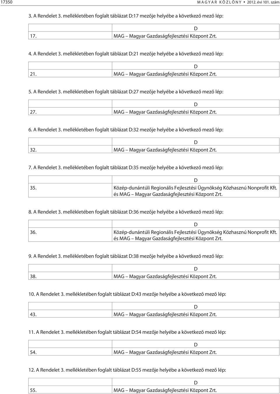 mellékletében foglalt táblázat :27 mezõje helyébe a következõ mezõ lép: 27. MAG Magyar Gazdaságfejlesztési Központ Zrt. 6. A Rendelet 3.