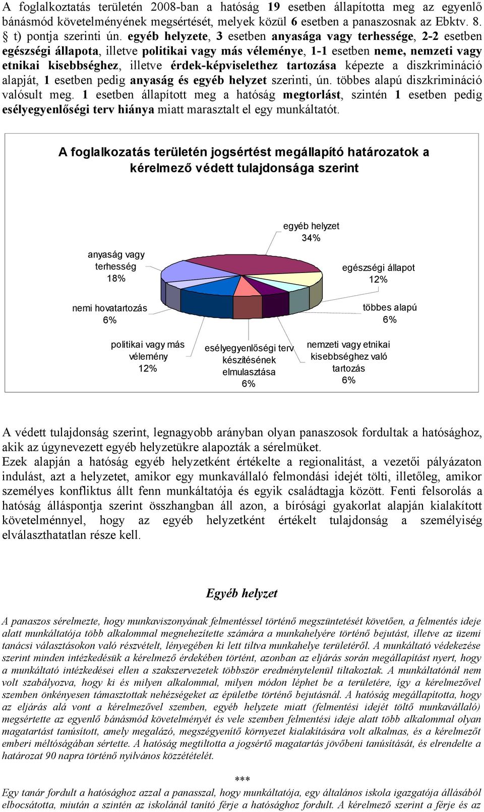 érdek-képviselethez tartozása képezte a diszkrimináció alapját, 1 esetben pedig anyaság és egyéb helyzet szerinti, ún. többes alapú diszkrimináció valósult meg.