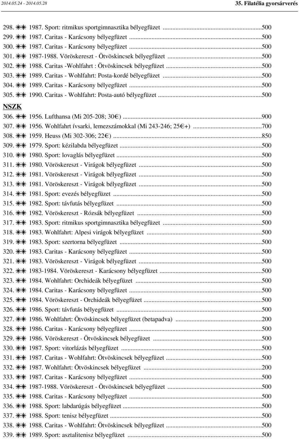 ..500 305. 1990. Caritas - Wohlfahrt: Posta-autó bélyegfüzet...500 NSZK 306. 1956. Lufthansa (Mi 205-208; 30 )...900 307. 1956. Wohlfahrt ívsarki, lemezszámokkal (Mi 243-246; 25 +)...700 308. 1959.