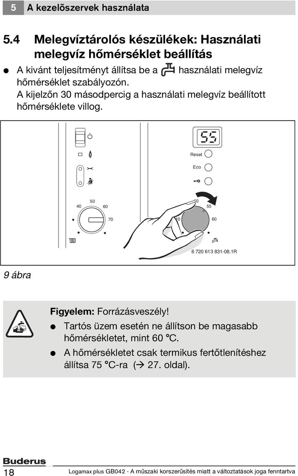 melegvíz hőmérséklet szabályozón. A kijelzőn 30 másodpercig a használati melegvíz beállított hőmérséklete villog.