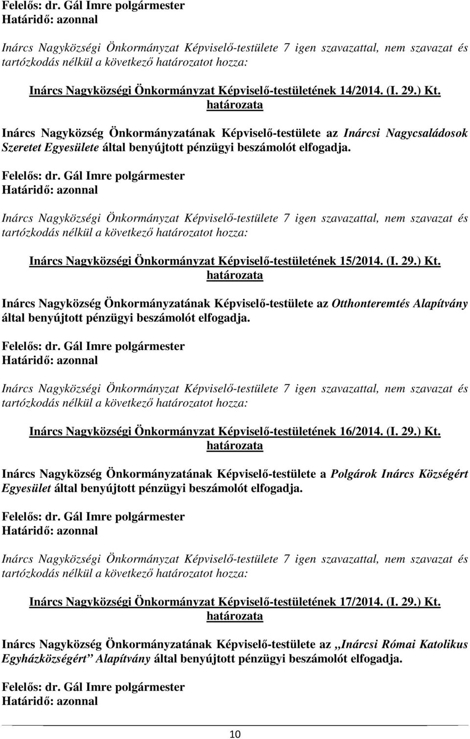 Inárcs Nagyközségi Önkormányzat Képviselő-testületének 15/2014. (I. 29.) Kt.
