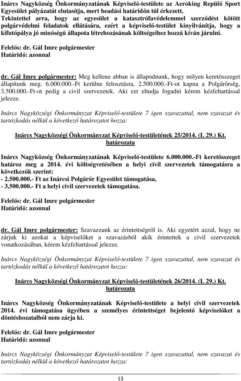 létrehozásának költségeihez hozzá kíván járulni. dr. Gál Imre polgármester: Meg kellene abban is állapodnunk, hogy milyen keretösszeget állapítunk meg. 6.000.000.-Ft kerülne felosztásra, 2.500.000.-Ft-ot kapna a Polgárőrség, 3.