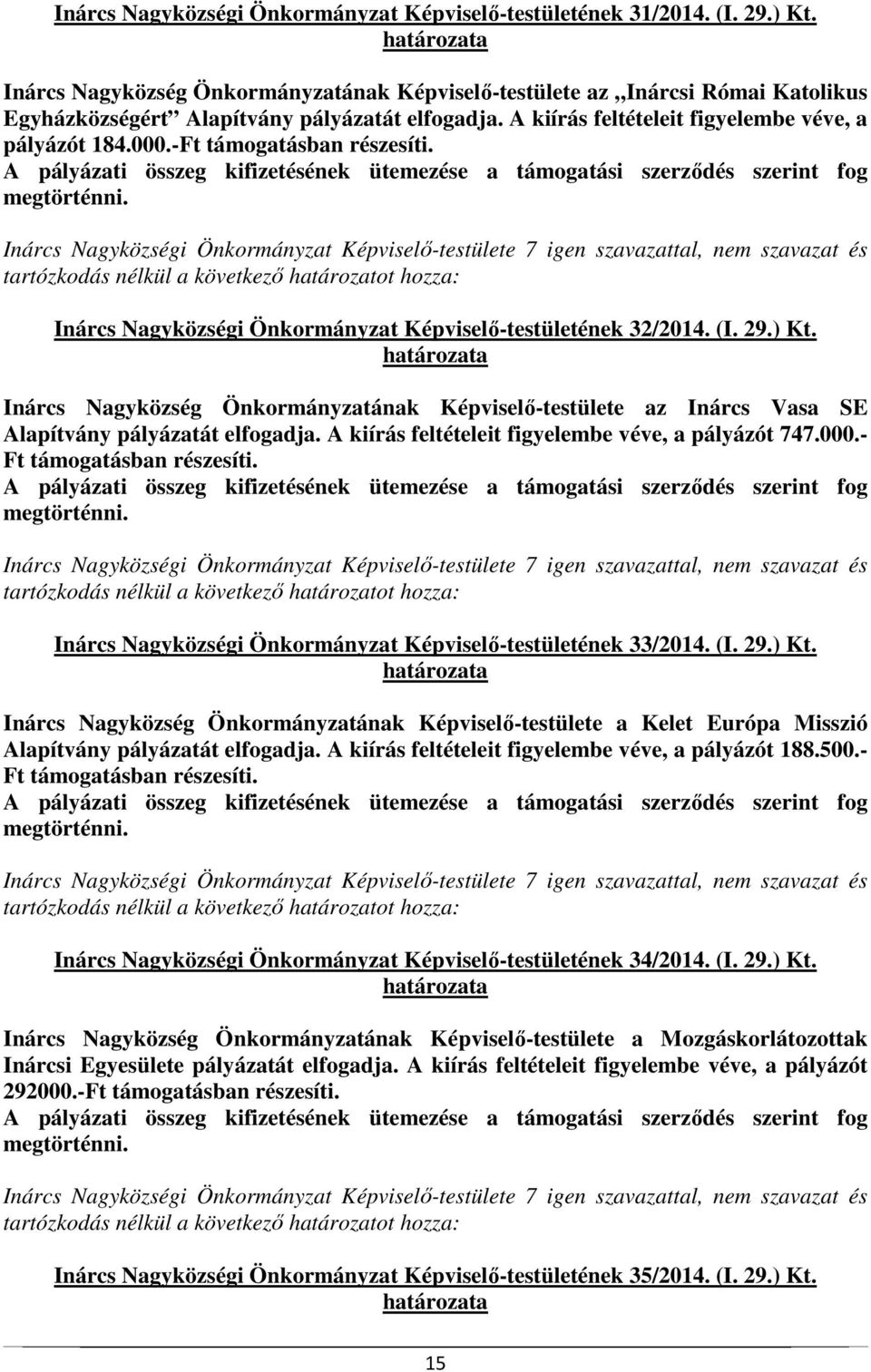 -Ft támogatásban részesíti. Inárcs Nagyközségi Önkormányzat Képviselő-testületének 32/2014. (I. 29.) Kt.