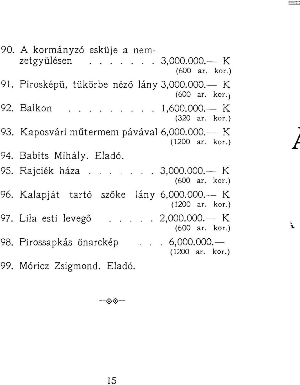 Rajciék háza 3,000.000. K (600 ar. kor.) 96. Kalapját tartó szőke lány 6,000.000. K (1200 ar. kor.) 97.