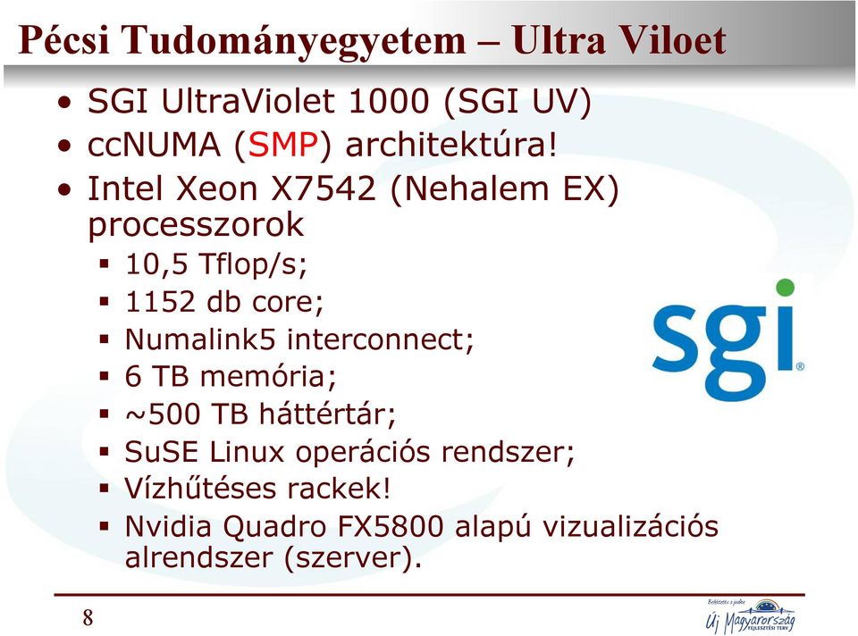 Intel Xeon X7542 (Nehalem EX) processzorok 10,5 Tflop/s; 1152 db core; Numalink5 interconnect; 6