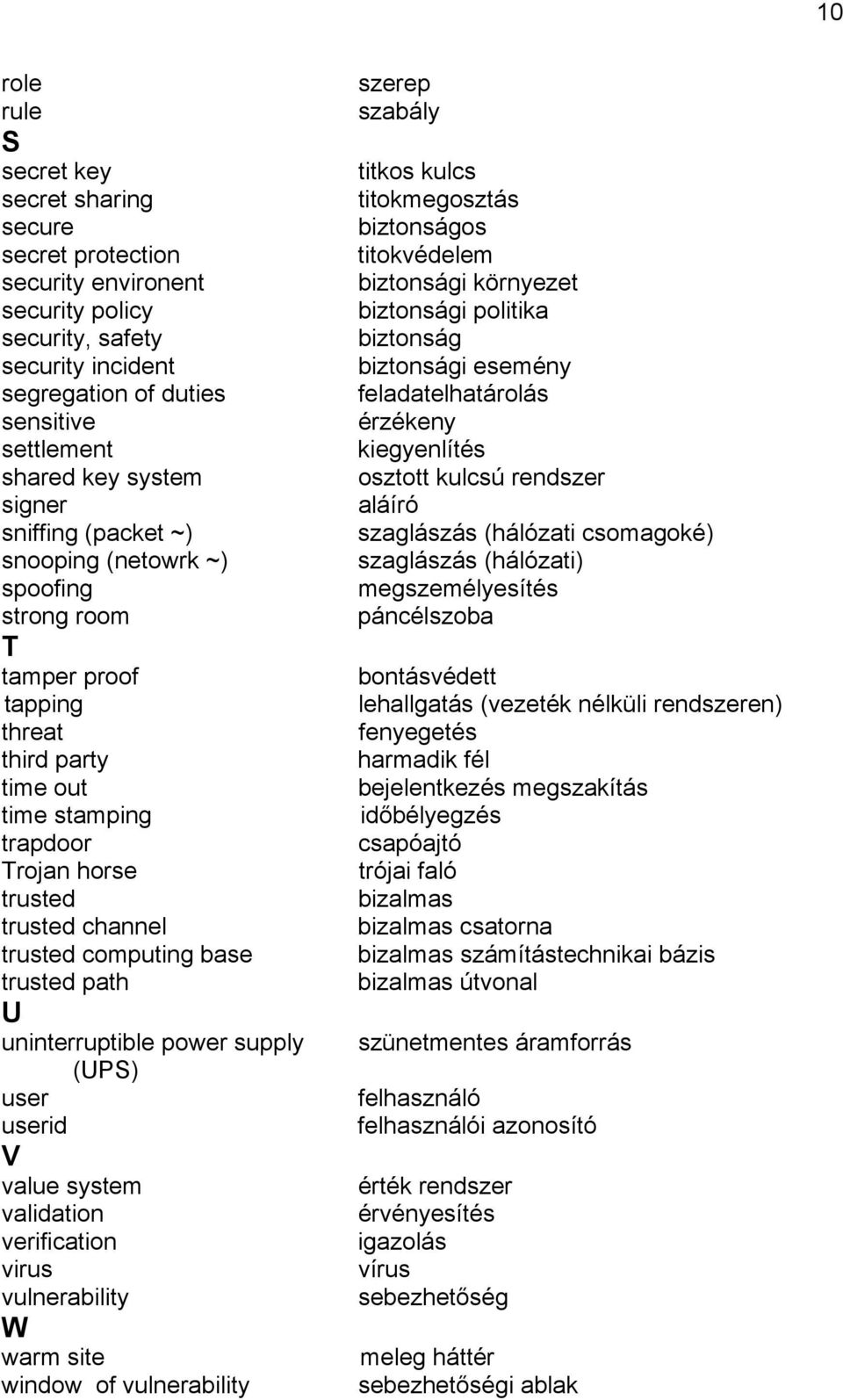 base trusted path U uninterruptible power supply (UPS) user userid V value system validation verification virus vulnerability W warm site window of vulnerability szerep szabály titkos kulcs