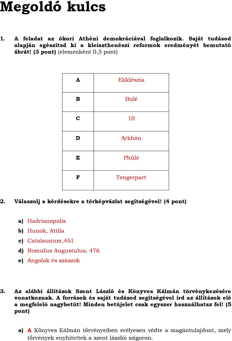 ( pont) a) Hadrianopolis b) Hunok, Attila c) Catalaunum,51 d) Romulus Augustulus, 76 e) Angolok és szászok 3.