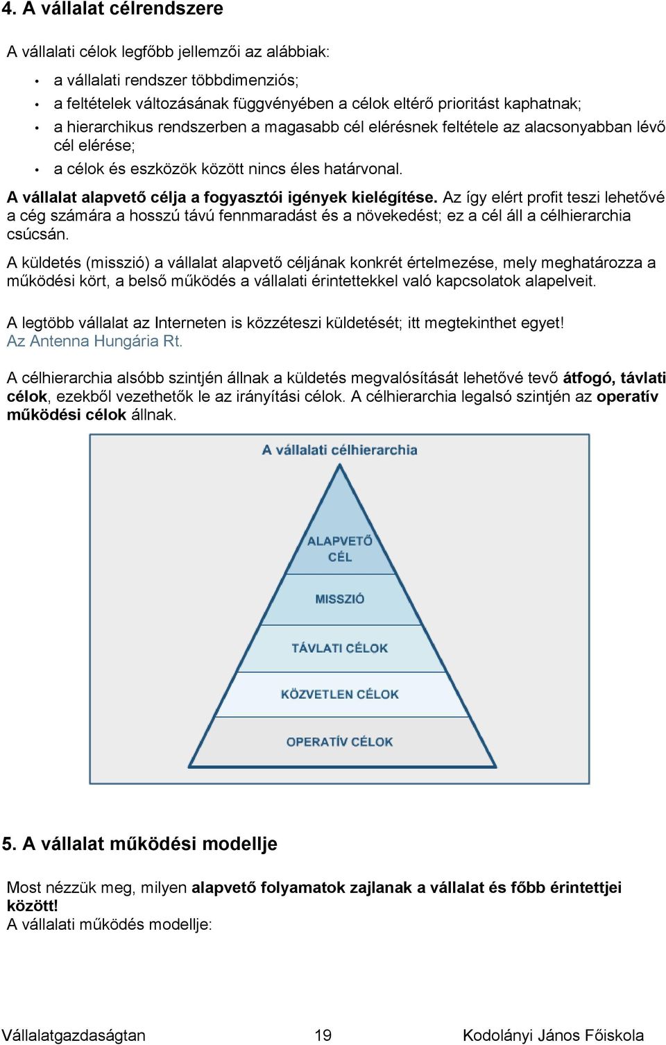 A vállalat alapvető célja a fogyasztói igények kielégítése. Az így elért profit teszi lehetővé a cég számára a hosszú távú fennmaradást és a növekedést; ez a cél áll a célhierarchia csúcsán.