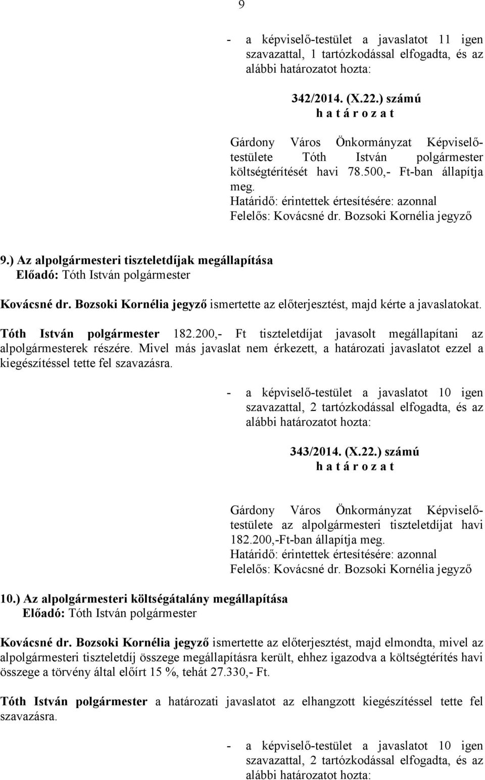 Bozsoki Kornélia jegyzı ismertette az elıterjesztést, majd kérte a javaslatokat. Tóth István 182.200,- Ft tiszteletdíjat javasolt megállapítani az alek részére.