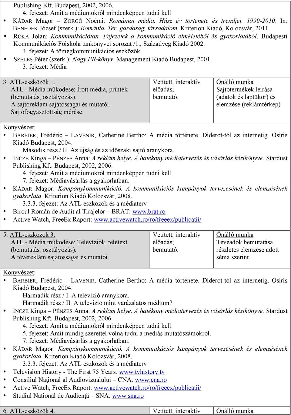 , Századvég Kiadó 2002. 3. fejezet: A tömegkommunikációs eszközök. SZELES Péter (szerk.): Nagy PR-könyv. Management Kiadó Budapest, 2001. 3. fejezet: Média 3. ATL-eszközök 1.