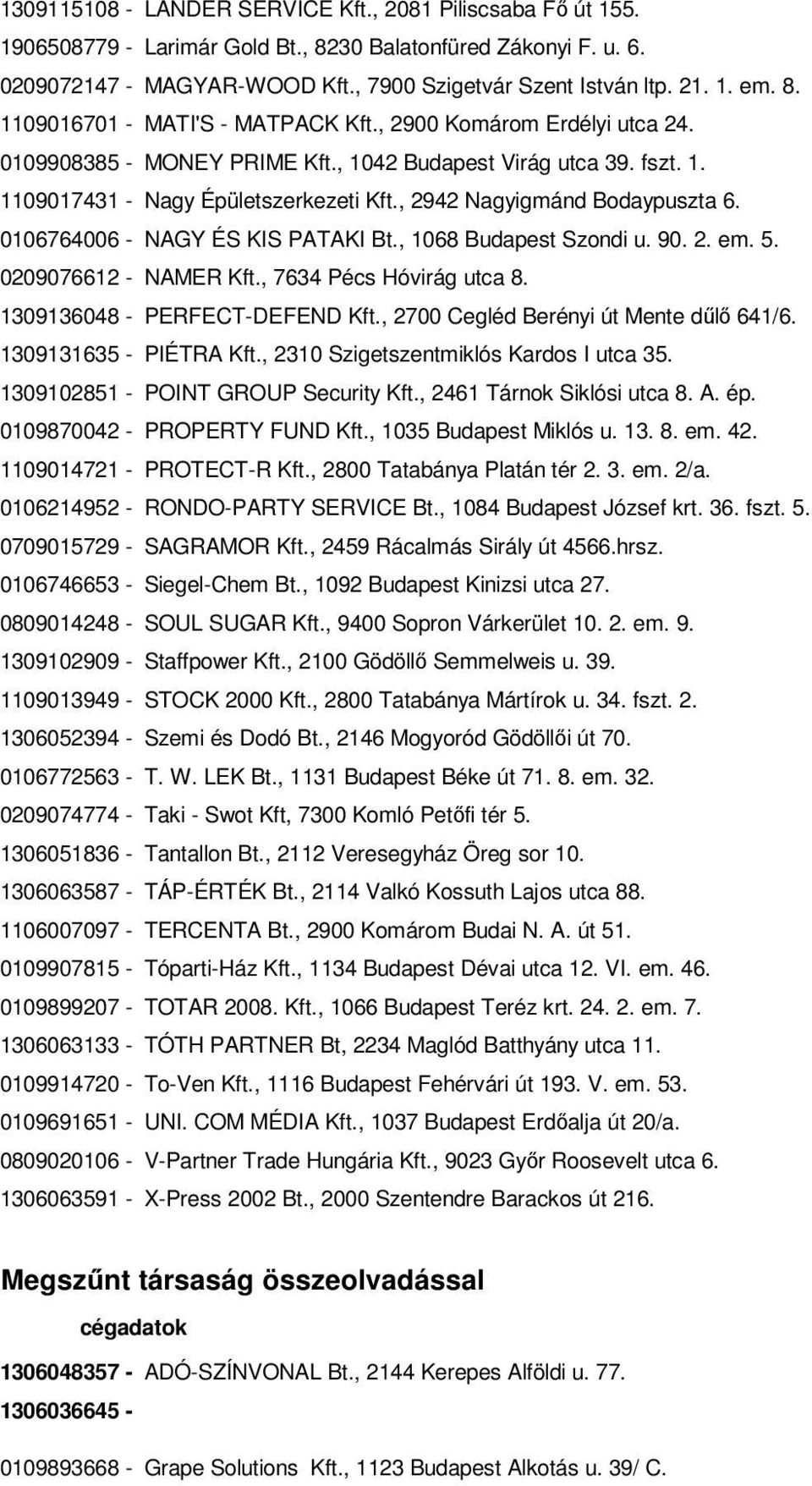 , 2942 Nagyigmánd Bodaypuszta 6. 0106764006 - NAGY ÉS KIS PATAKI Bt., 1068 Budapest Szondi u. 90. 2. em. 5. 0209076612 - NAMER Kft., 7634 Pécs Hóvirág utca 8. 1309136048 - PERFECT-DEFEND Kft.