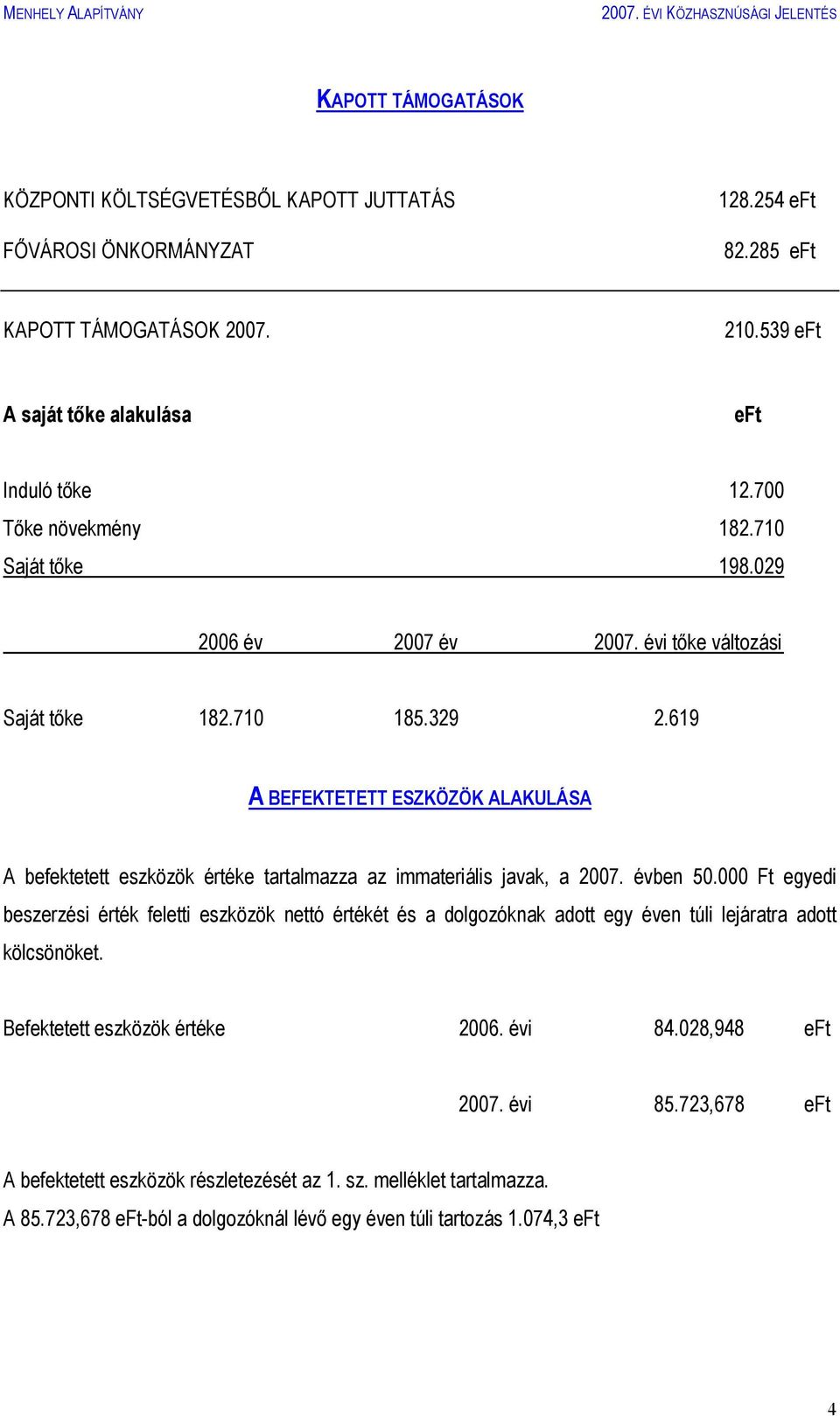 619 A BEFEKTETETT ESZKÖZÖK ALAKULÁSA A befektetett eszközök értéke tartalmazza az immateriális javak, a 2007. évben 50.