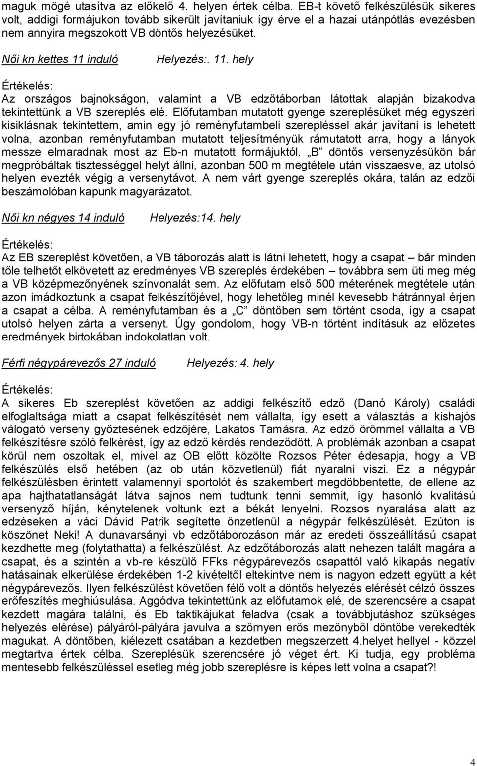 Női kn kettes 11 induló Helyezés:. 11. hely Az országos bajnokságon, valamint a VB edzőtáborban látottak alapján bizakodva tekintettünk a VB szereplés elé.