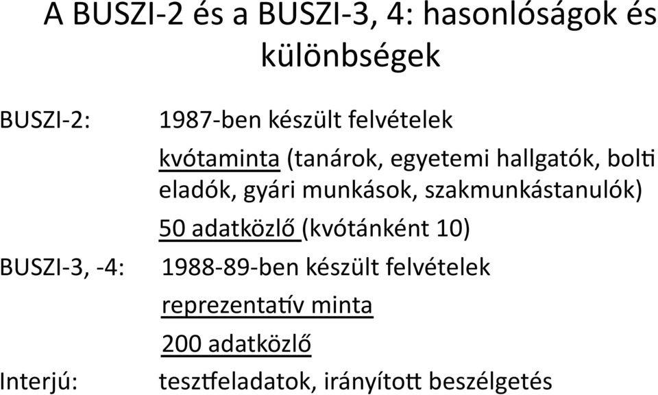 szakmunkástanulók) 50 adatközlő (kvótánként 10) BUSZI 3, 4: 1988 89 ben készült