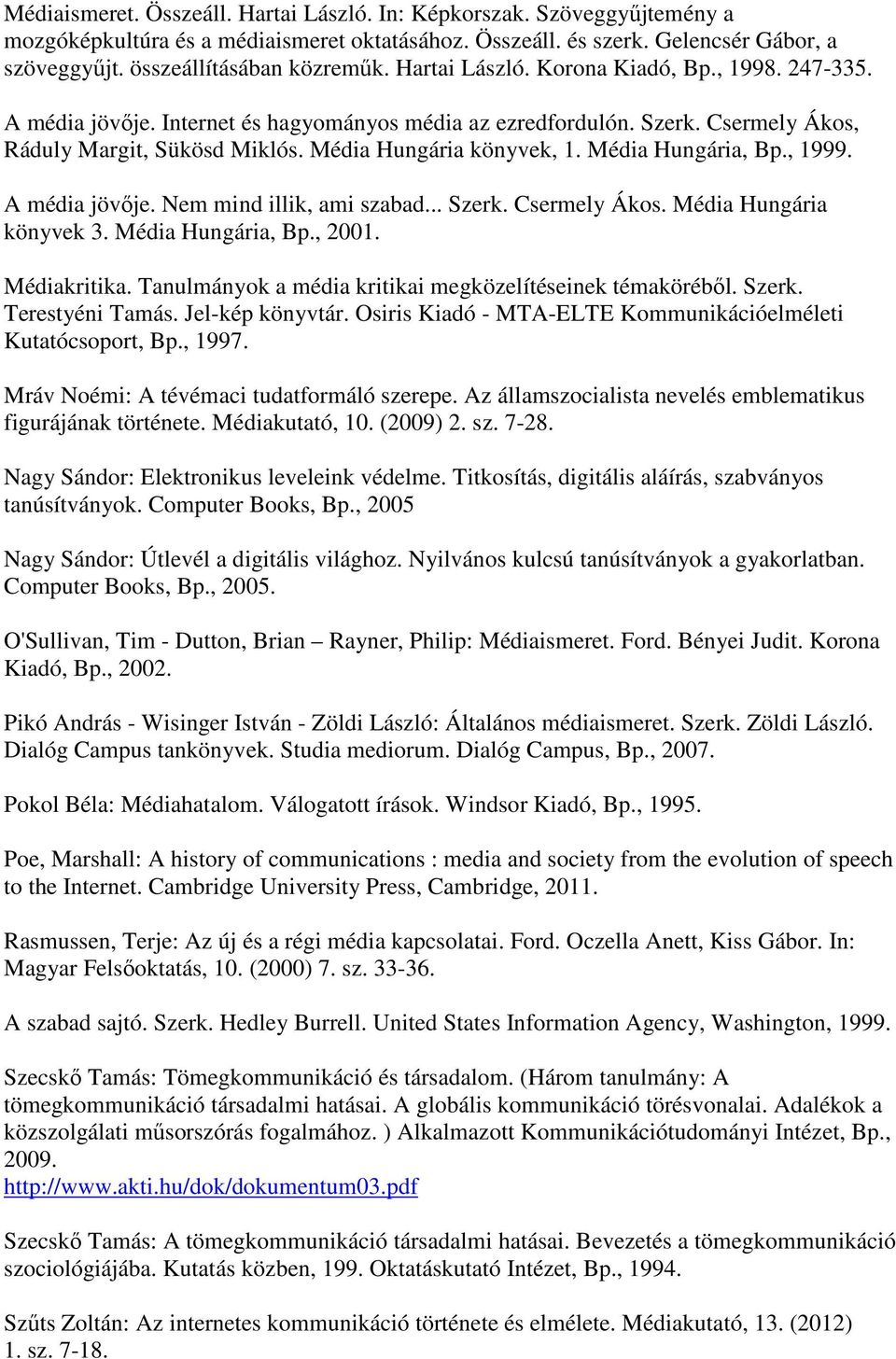 Média Hungária, Bp., 1999. A média jövője. Nem mind illik, ami szabad... Szerk. Csermely Ákos. Média Hungária könyvek 3. Média Hungária, Bp., 2001. Médiakritika.