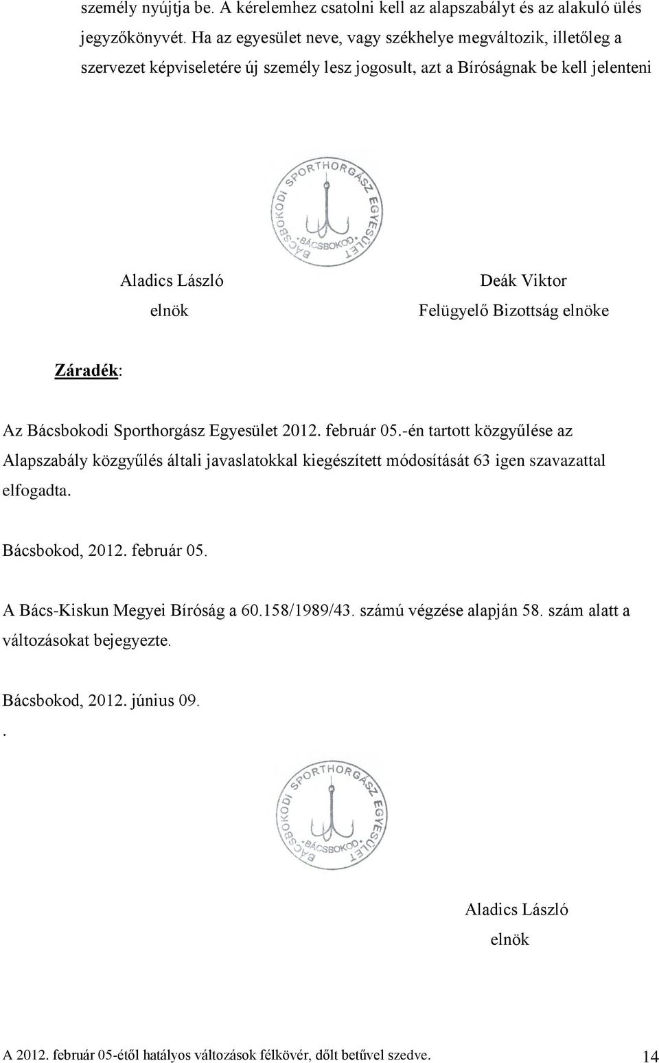 Bizottság elnöke Záradék: Az Bácsbokodi Sporthorgász Egyesület 2012. február 05.