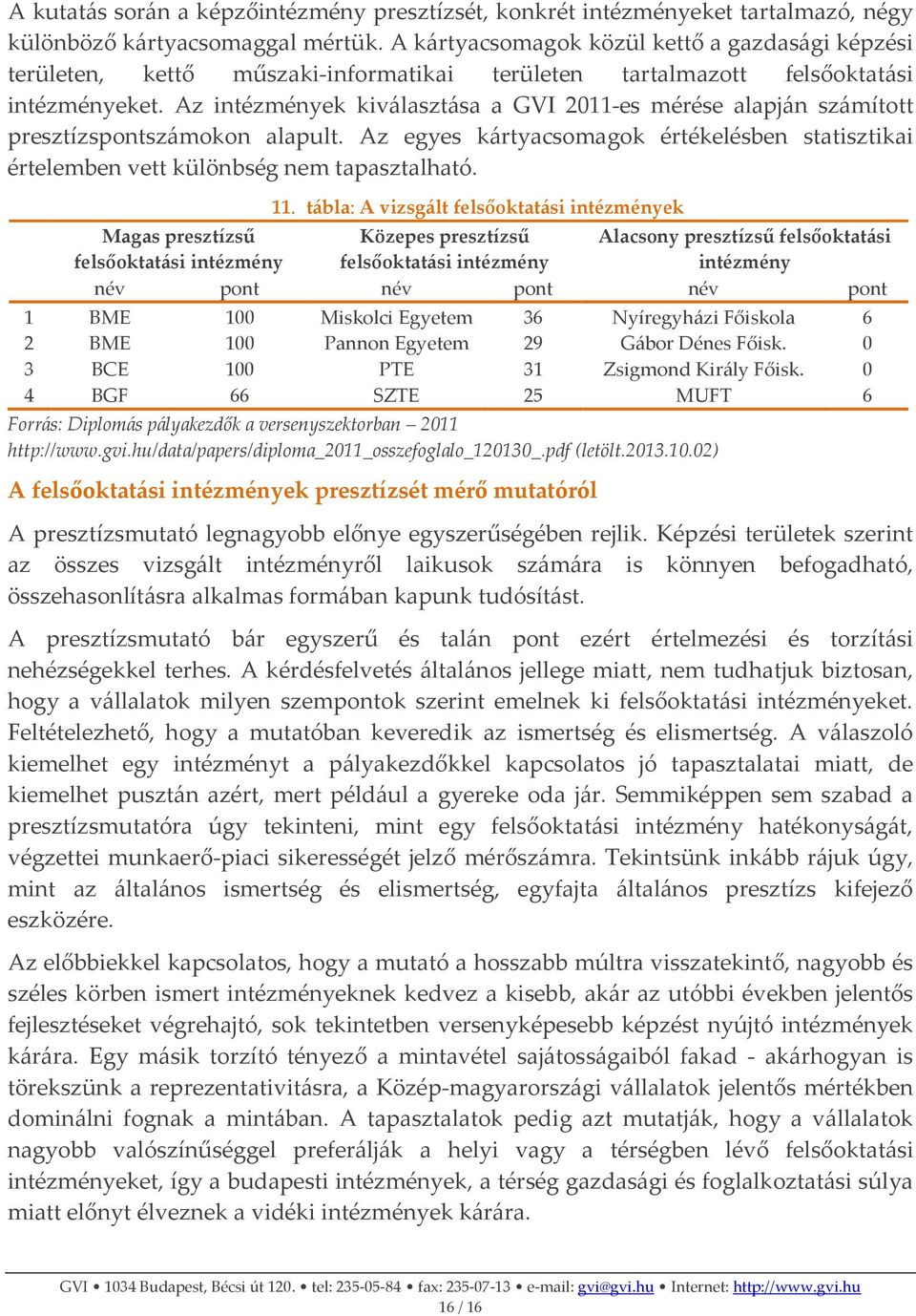 Az intézmények kiválasztása a GVI 2011-es mérése alapján számított presztízspontszámokon alapult. Az egyes kártyacsomagok értékelésben statisztikai értelemben vett különbség nem tapasztalható. 11.