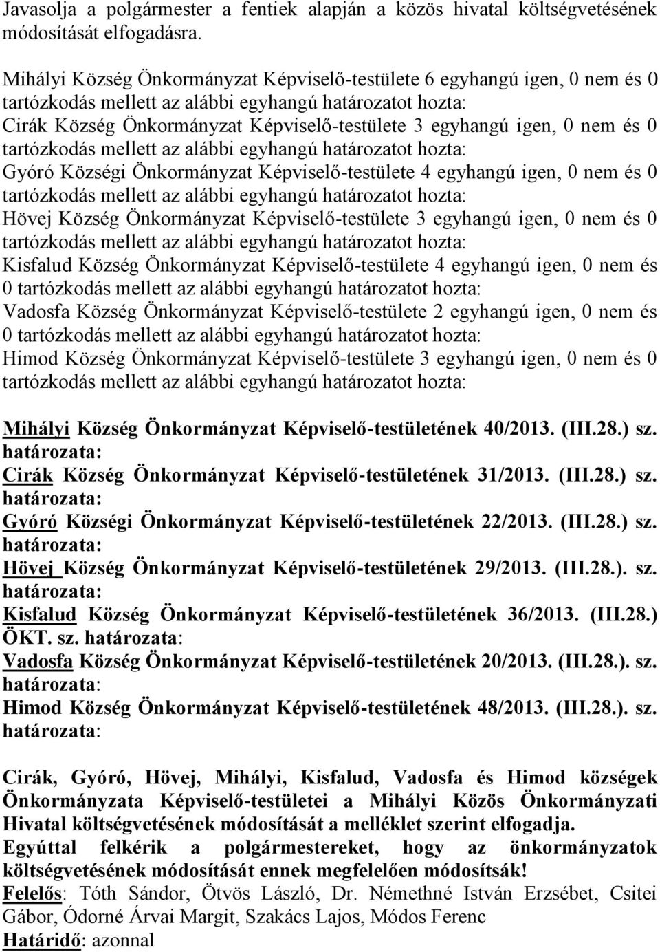 egyhangú igen, 0 nem és 0 Hövej Község Önkormányzat Képviselő-testülete 3 egyhangú igen, 0 nem és 0 Kisfalud Község Önkormányzat Képviselő-testülete 4 egyhangú igen, 0 nem és 0 Vadosfa Község