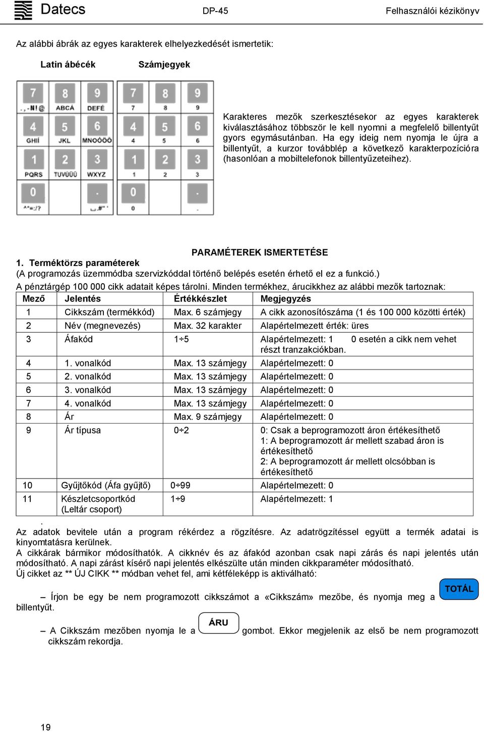 PARAMÉTEREK ISMERTETÉSE 1. Terméktörzs paraméterek (A programozás üzemmódba szervizkóddal történő belépés esetén érhető el ez a funkció.) A pénztárgép 100 000 cikk adatait képes tárolni.