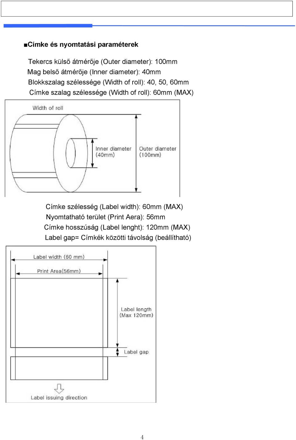 (Width of roll): 60mm (MAX) Címke szélesség (Label width): 60mm (MAX) Nyomtatható terület (Print