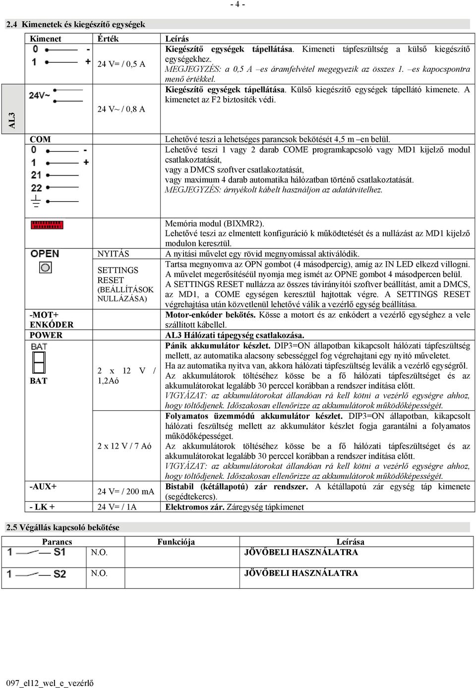 A kimenetet az F2 biztosíték védi. 24 V~ / 0,8 A COM Lehetővé teszi a lehetséges parancsok bekötését 4,5 m en belül.