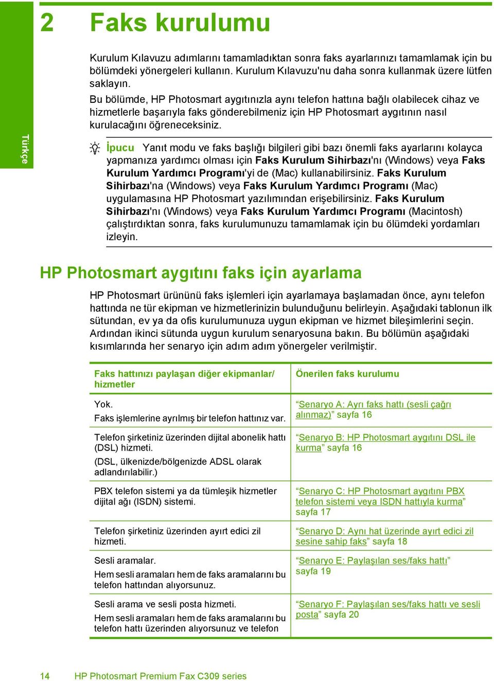 Bu bölümde, HP Photosmart aygıtınızla aynı telefon hattına bağlı olabilecek cihaz ve hizmetlerle başarıyla faks gönderebilmeniz için HP Photosmart aygıtının nasıl kurulacağını öğreneceksiniz.