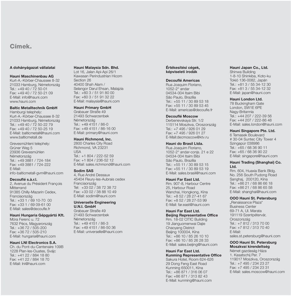 com www.balticmetall.de Grevesmühleni telephely: Grüner Weg 5 23936 Grevesmühlen Németország Tel.: +49 3881 / 724-184 Fax: +49 3881 / 724-222 E-Mail: info-balticmetall-gvm@hauni.com Decouflé s.à.r.l. 2, Avenue du Président François Mitterrand 91385 Chilly-Mazarin Cedex, Franciaország Tel.