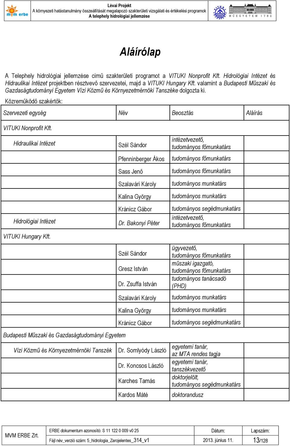 Hidraulikai Intézet Szél Sándor Pfenninberger Ákos Sass Jenő Szalavári Károly Kalina György Kránicz Gábor Hidrológiai Intézet Dr. Bakonyi Péter VITUKI Hungary Kft. Szél Sándor Gresz István Dr.