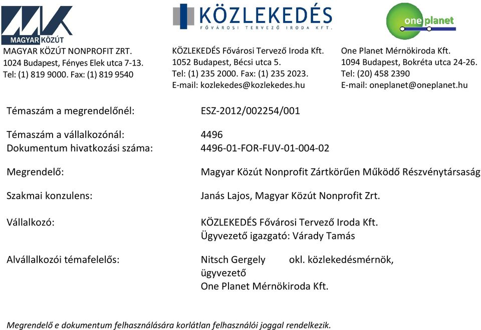 E-mail: kozlekedes@kozlekedes.hu ESZ-212/2254/1 4496 4496-1-FOR-FUV-1-4-2 One Planet Mérnökiroda Kft. 194 Budapest, Bokréta utca 24-26. Tel: (2) 458 239 E-mail: oneplanet@oneplanet.