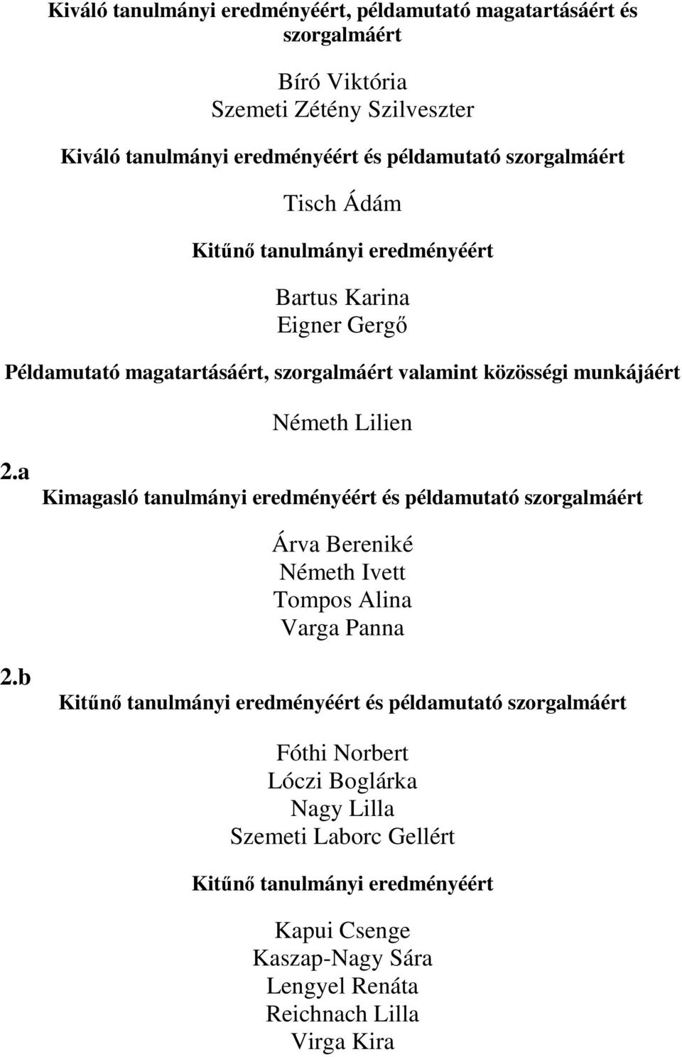 a Kimagasló tanulmányi eredményéért és példamutató Árva Bereniké Németh Ivett Tompos Alina Varga Panna 2.