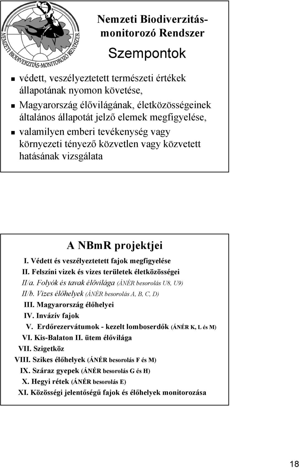 Felszíni vizek és vizes területek életközösségei II/a.. Folyók és tavak élővilága (ÁNÉR besorolás U8, U9) II/b.. Vizes élőhelyek (ÁNÉR besorolás A, B, C, D) III. Magyarország élőhelyei IV.