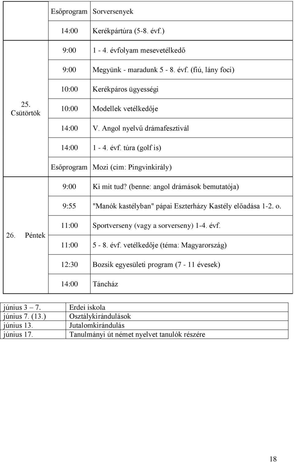 (benne: angol drámások bemutatója) 9:55 "Manók kastélyban" pápai Eszterházy Kastély előadása 1-2. o. 26. Péntek 11:00 Sportverseny (vagy a sorverseny) 1-4. évf.
