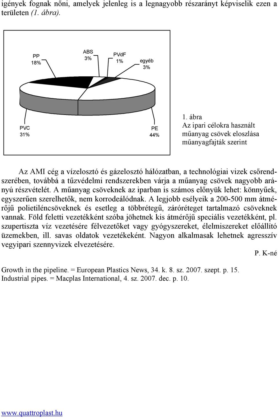 rendszerekben várja a műanyag csövek nagyobb arányú részvételét. A műanyag csöveknek az iparban is számos előnyük lehet: könnyűek, egyszerűen szerelhetők, nem korrodeálódnak.