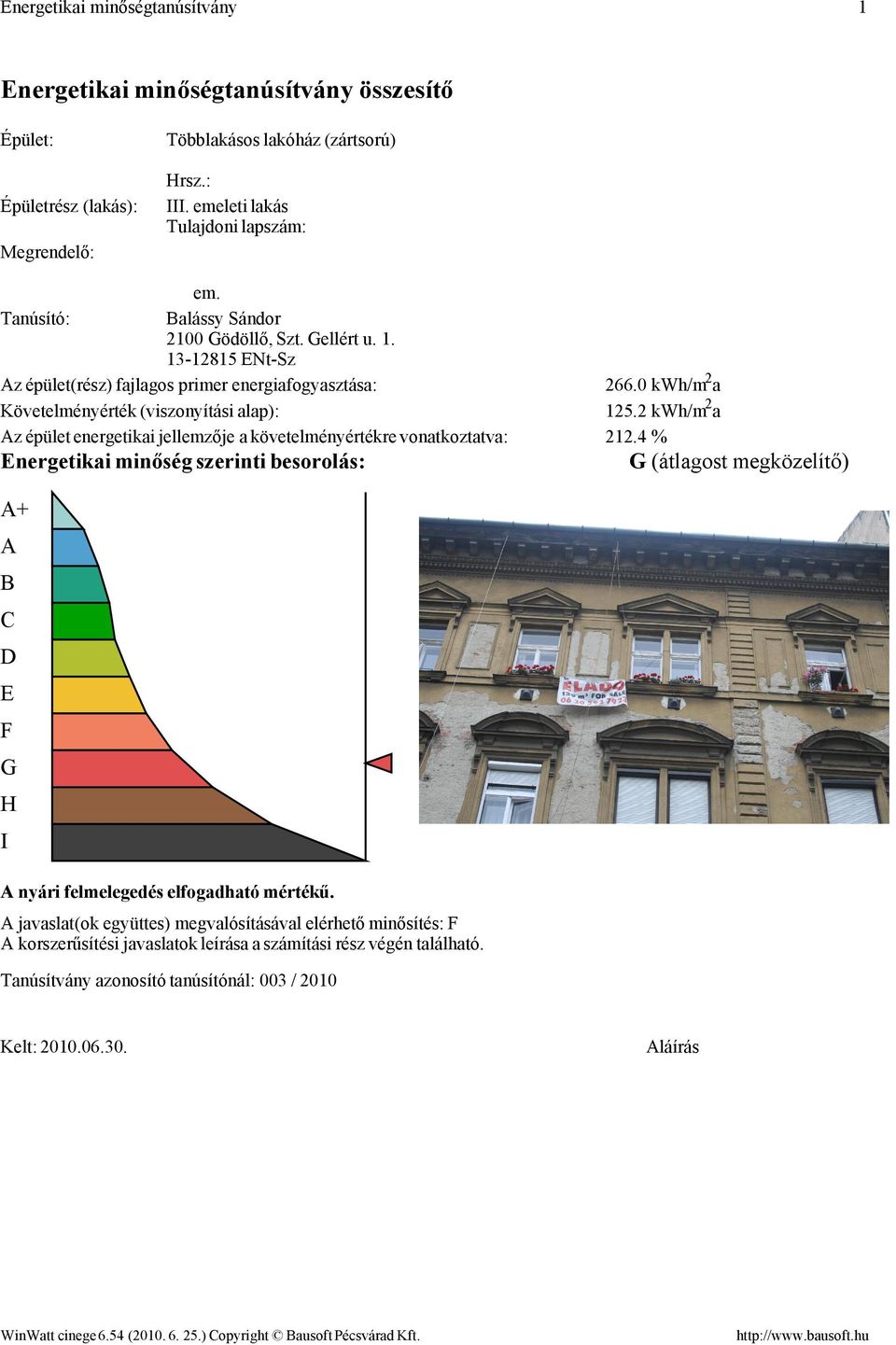 13-12815 ENt-Sz Az épület(rész) fajlagos primer energiafogyasztása: Követelményérték (viszonyítási alap): Az épület energetikai jellemzője a követelményértékre vonatkoztatva: Energetikai minőség