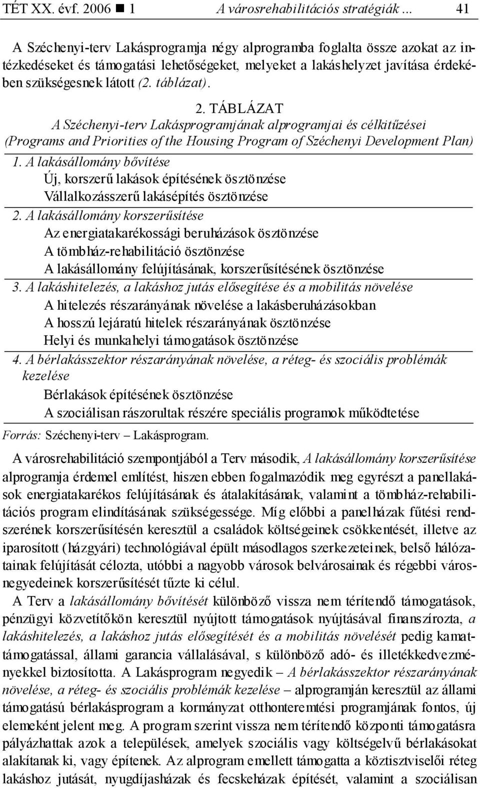 táblázat). 2. TÁBLÁZAT A Széchenyi-terv Lakásprogramjának alprogramjai és célkitűzései (Programs and Priorities of the Housing Program of Széchenyi Development Plan) 1.