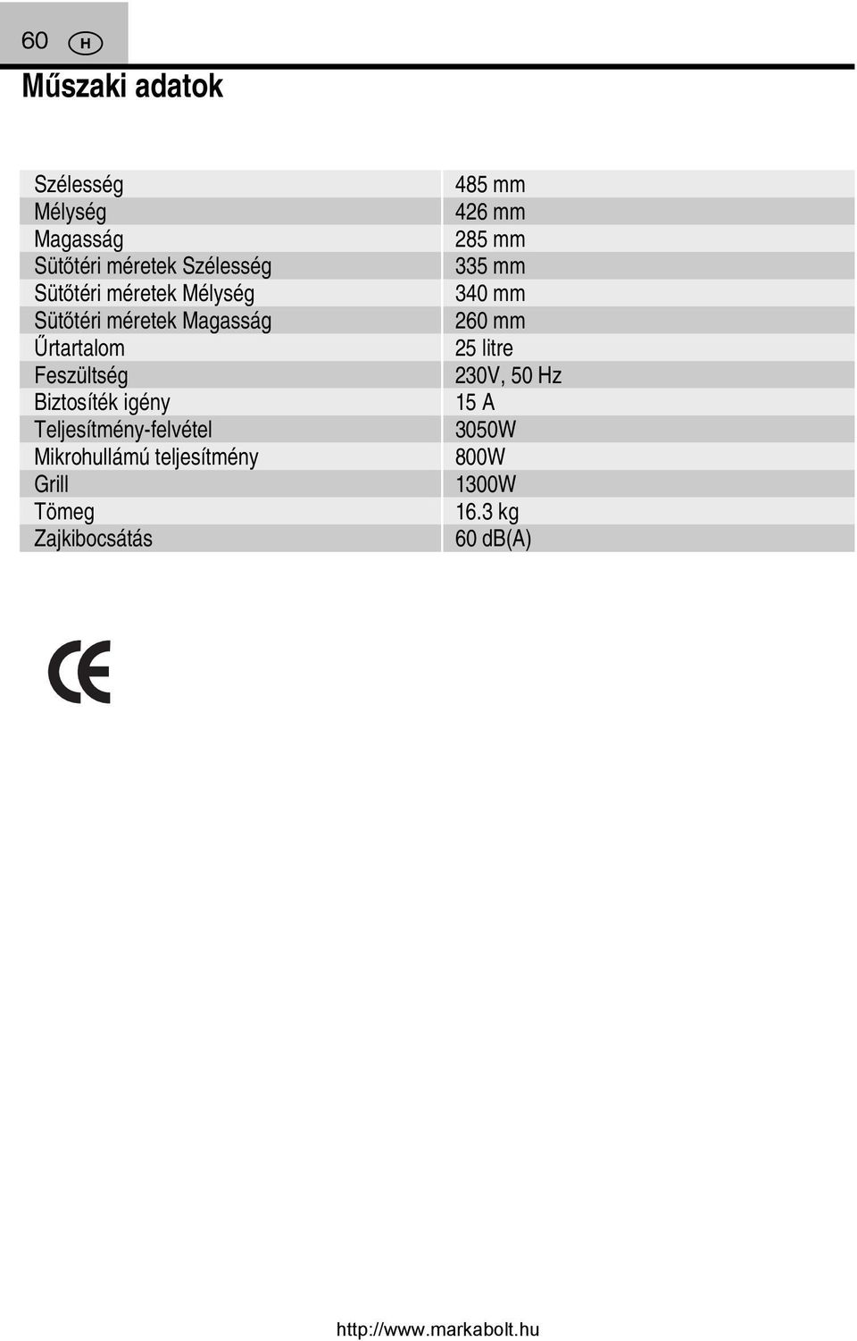 Teljesítmény-felvétel Mikrohullámú teljesítmény Grill Tömeg Zajkibocsátás 485 mm 426