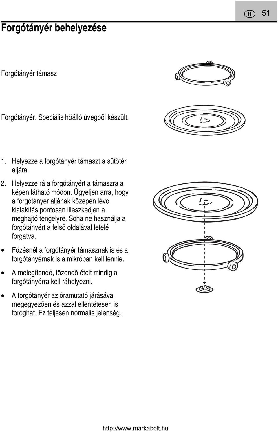 Ügyeljen arra, hogy a forgótányér aljának közepén lévő kialakítás pontosan illeszkedjen a meghajtó tengelyre.