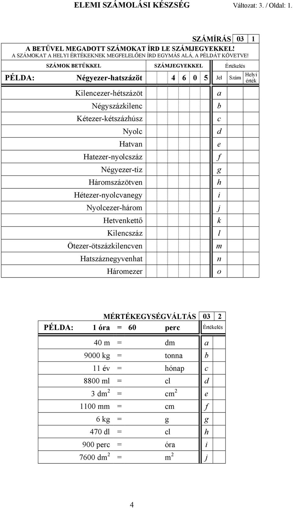 SZÁMOK BETŰKKEL SZÁMJEGYEKKEL É Értékelés PÉLDA: Négyezer-htszázöt 4 6 0 5 Jel Szám Kilenezer-hétszázöt Négyszázkilen Kétezer-kétszázhúsz Nyol Htvn Htezer-nyolszáz Négyezer-tíz