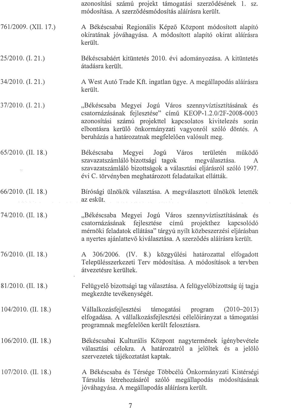 A m6dositott alapit6 okirat alairasra kerult, Bekescsabaert kituntetes 2010. evi adornanyozasa. A kituntetes atadasra kerult, A West Aut6 Trade Kft. ingatlan ugye. A rnegallapodas alairasra kertilt.