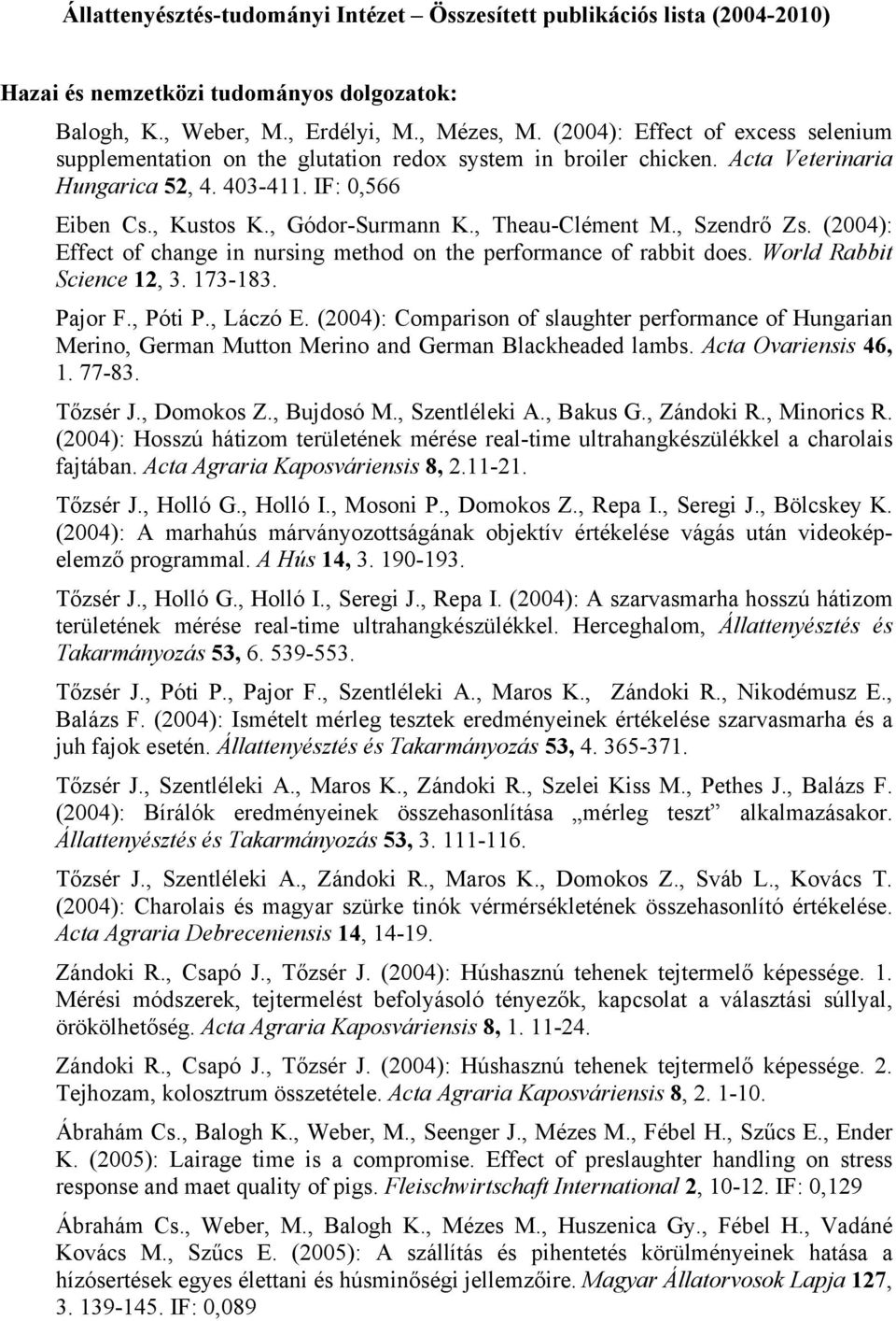 , Theau-Clément M., Szendrő Zs. (2004): Effect of change in nursing method on the performance of rabbit does. World Rabbit Science 12, 3. 173-183. Pajor F., Póti P., Láczó E.