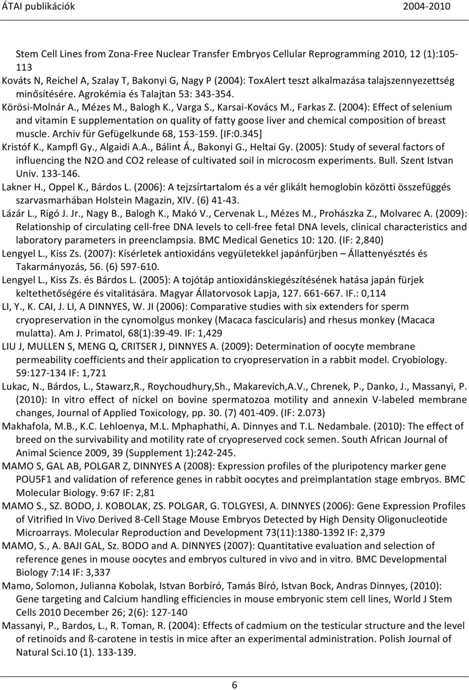 (2004): Effect of selenium and vitamin E supplementation on quality of fatty goose liver and chemical composition of breast muscle. Archiv für Gefügelkunde 68, 153-159. [IF:0.345] Kristóf K.