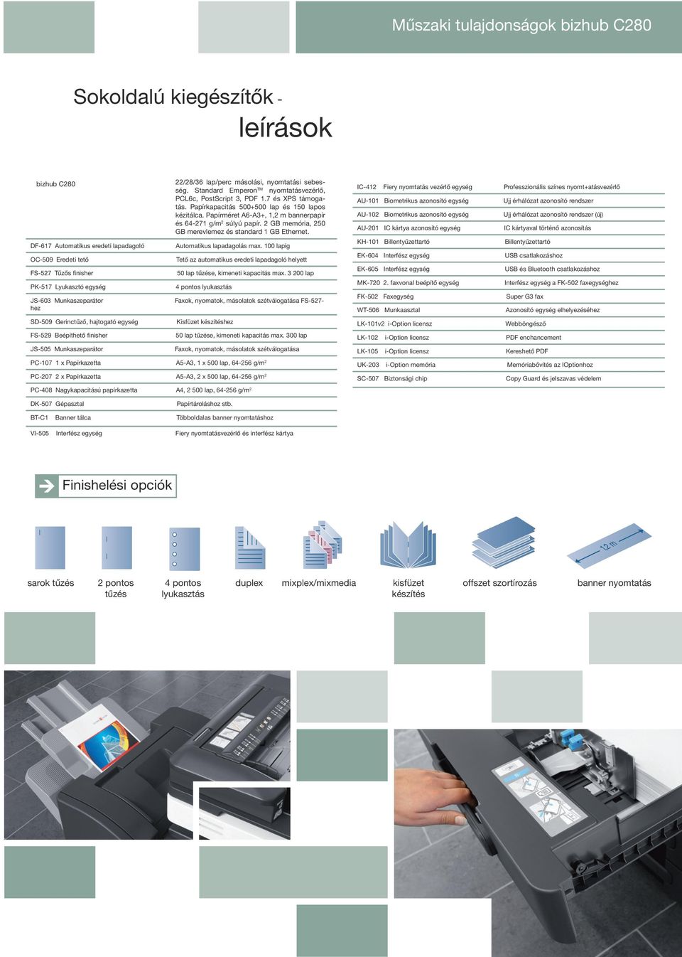 Standard Emperon TM nyomtatásvezérlő, PCL6c, PostScript 3, PDF 1.7 és XPS támogatás. Papírkapacitás 500+500 lap és 150 lapos kézitálca.