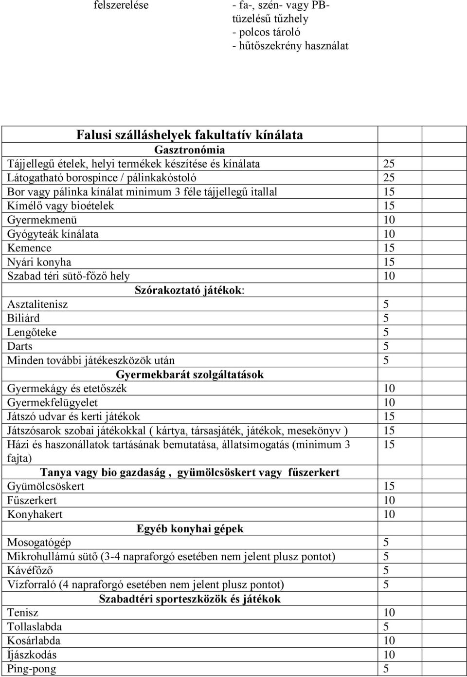 10 Szórakoztató játékok: Asztalitenisz 5 Biliárd 5 Lengőteke 5 Darts 5 Minden további játékeszközök után 5 Gyermekbarát szolgáltatások Gyermekágy és etetőszék 10 Gyermekfelügyelet 10 Játszó udvar és