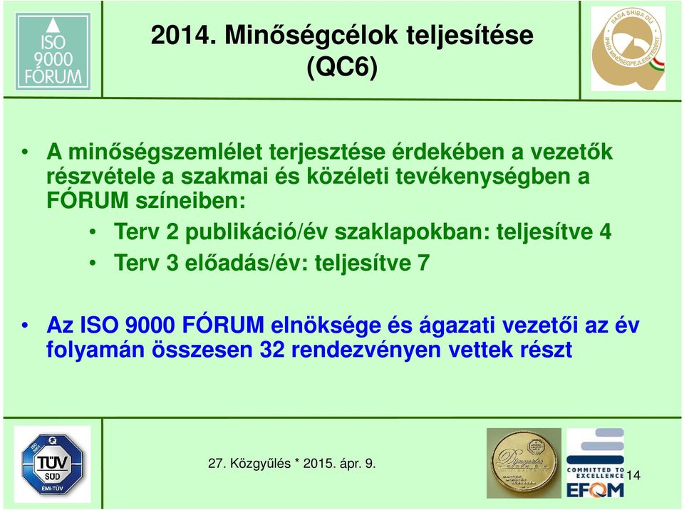 publikáció/év szaklapokban: teljesítve 4 Terv 3 előadás/év: teljesítve 7 Az ISO 9000