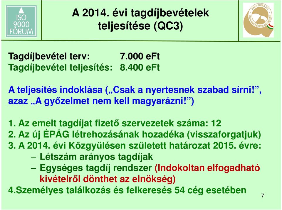 Az emelt tagdíjat fizető szervezetek száma: 12 2. Az új ÉPÁG létrehozásának hozadéka (visszaforgatjuk) 3. A 2014.