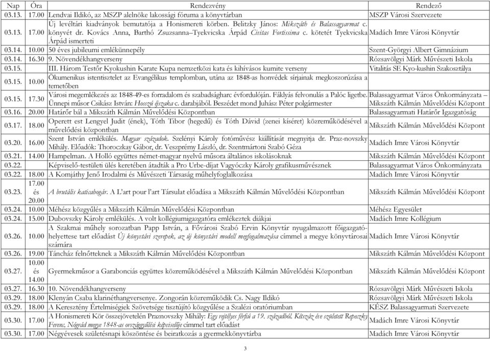 kötetét Tyekvicska Madách Imre Városi Könyvtár Árpád ismerteti 03.14. 10.00 50 éves jubileumi emlékünnepély Szent-Györgyi Albert Gimnázium 03.14. 16.30 9. Növendékhangverseny 03.15. III.