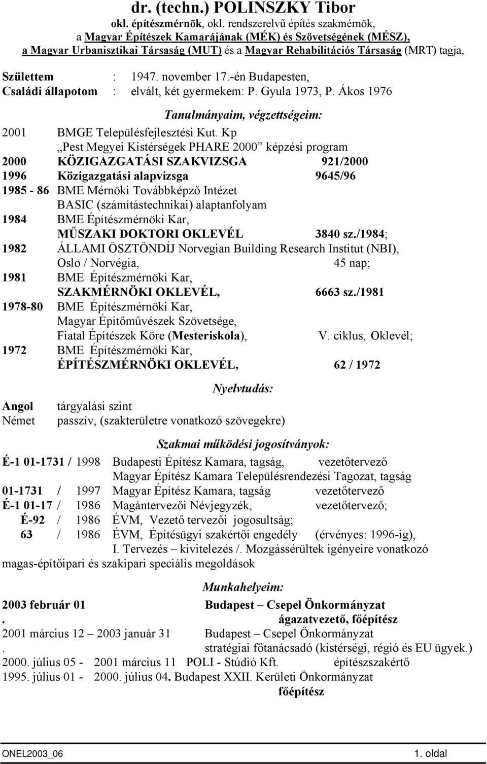 november 17.-én Budapesten, Családi állapotom : elvált, két gyermekem: P. Gyula 1973, P. Ákos 1976 Tanulmányaim, végzettségeim: 2001 BMGE Településfejlesztési Kut.