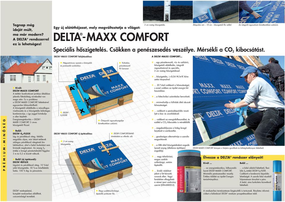 DELTA -MAXX COMFORT Speciális hõszigetelés. Csökken a penészesedés veszélye. Mérsékli a CO2 kibocsátást. A Négyzetrácsos nyomás a könnyebb Vízhatlan, és pontosabb szabáshoz. páraáteresztõ PU bevonat.
