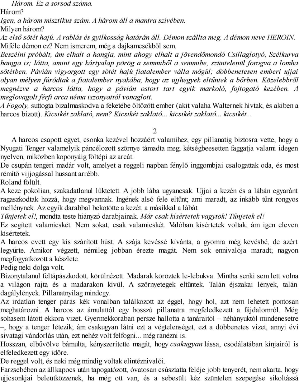 Beszélni próbált, ám elhalt a hangja, mint ahogy elhalt a jövendőmondó Csillaglotyó, Szélkurva hangja is; látta, amint egy kártyalap pörög a semmiből a semmibe, szüntelenül forogva a lomha sötétben.