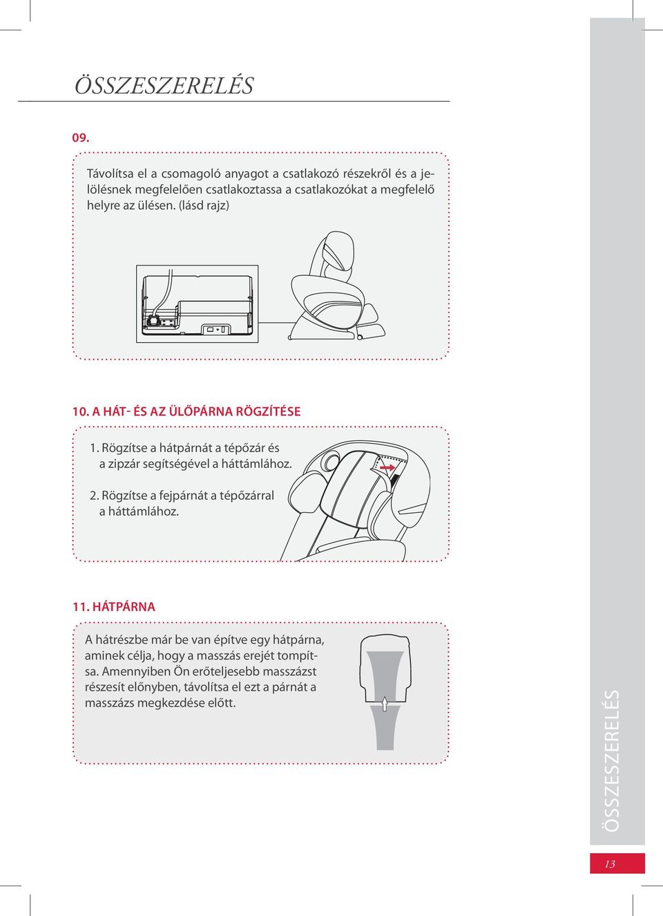 ülésen. (lásd rajz) 10. A HÁT- ÉS AZ ÜLŐPÁRNA RÖGZÍTÉSE 1. Rögzítse a hátpárnát a tépőzár és a zipzár segítségével a háttámlához. 2.
